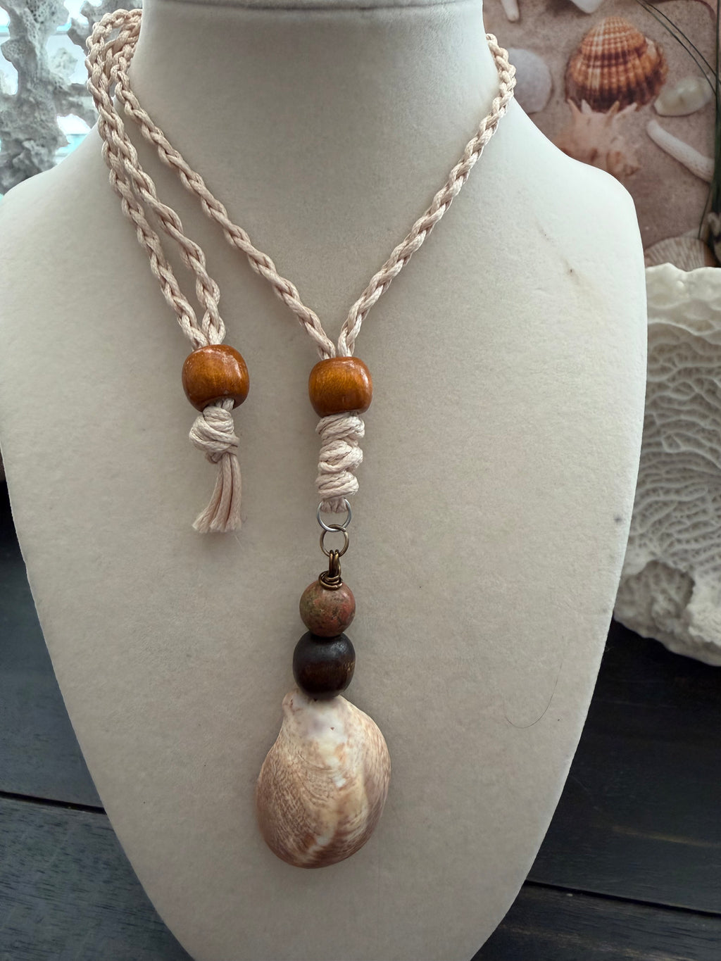 Dagwood the Driftwood Slipper Shell Macramé Necklace