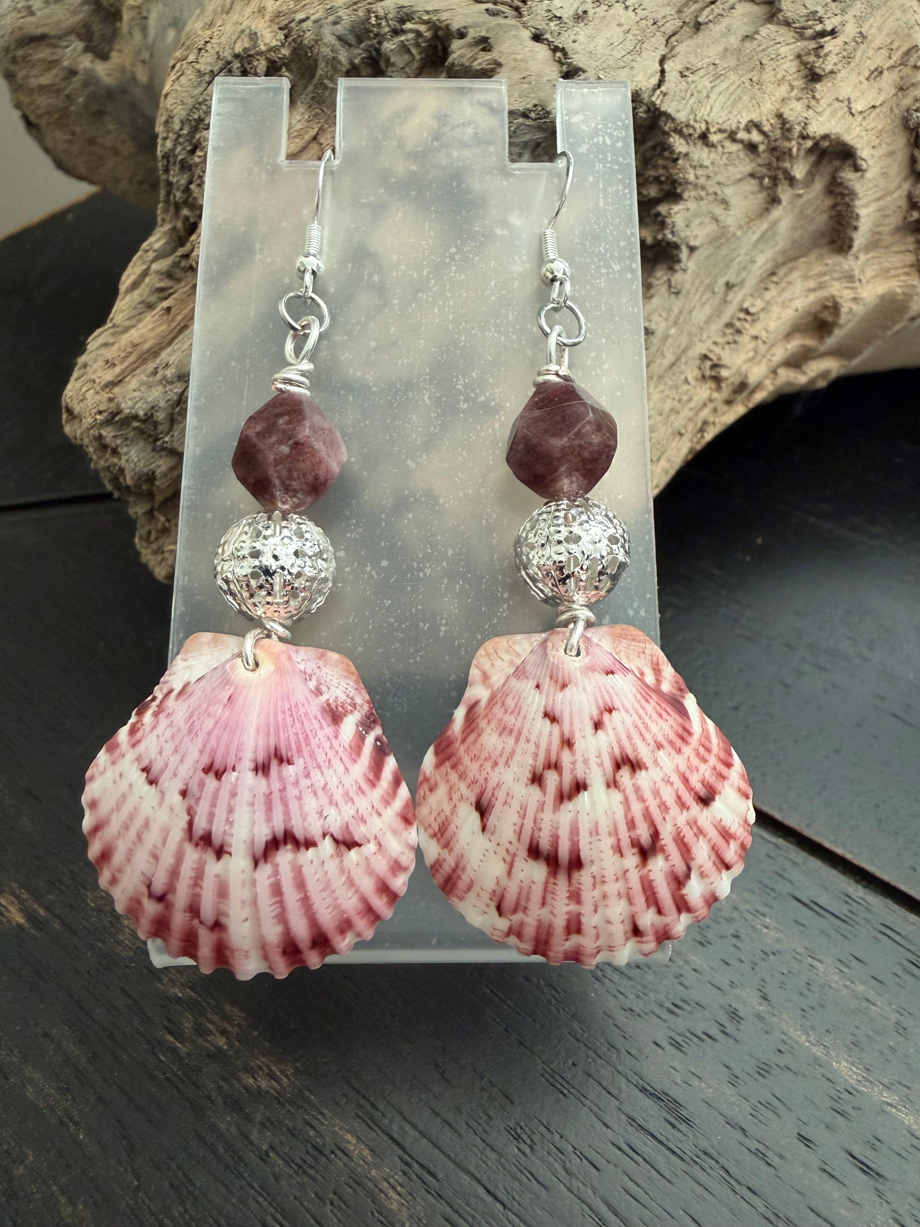 Amethyst Silver Tide Scallop Shell Earrings