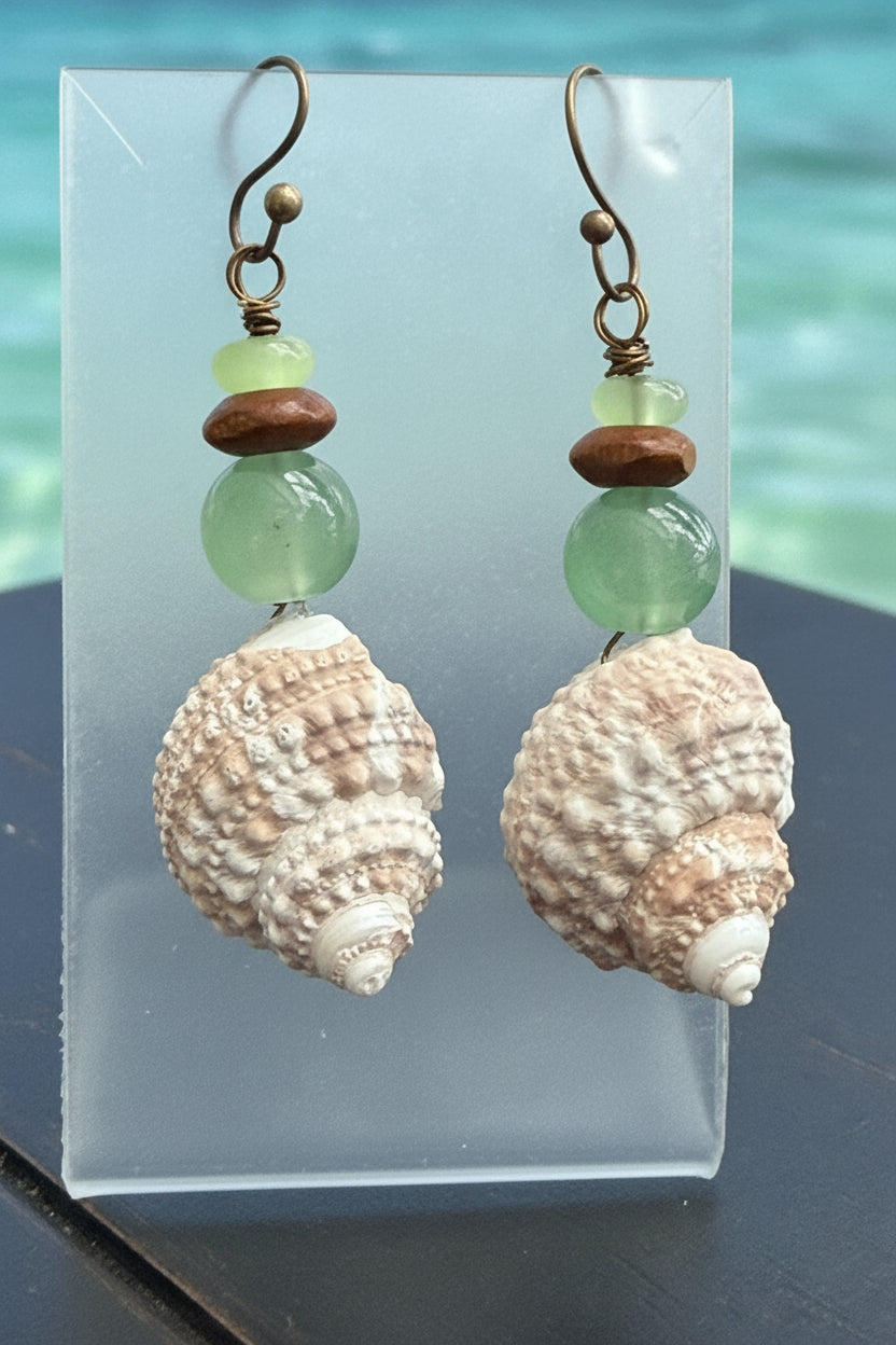 Sea Glass Turban Shell Earrings | Boho Coastal Garden Beach Jewelry Gift