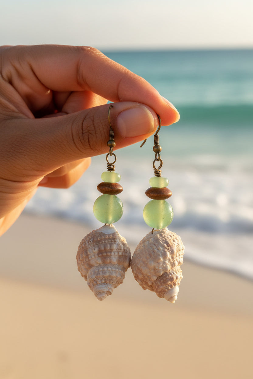 Sea Glass Turban Shell Earrings | Boho Coastal Garden Beach Jewelry Gift