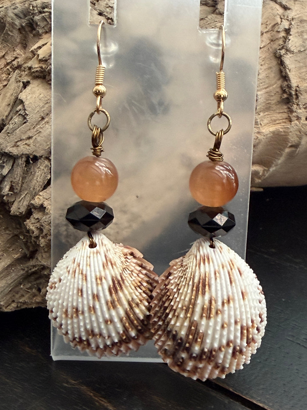 Chocolate Peach & Onyx Cockle Shell Earrings