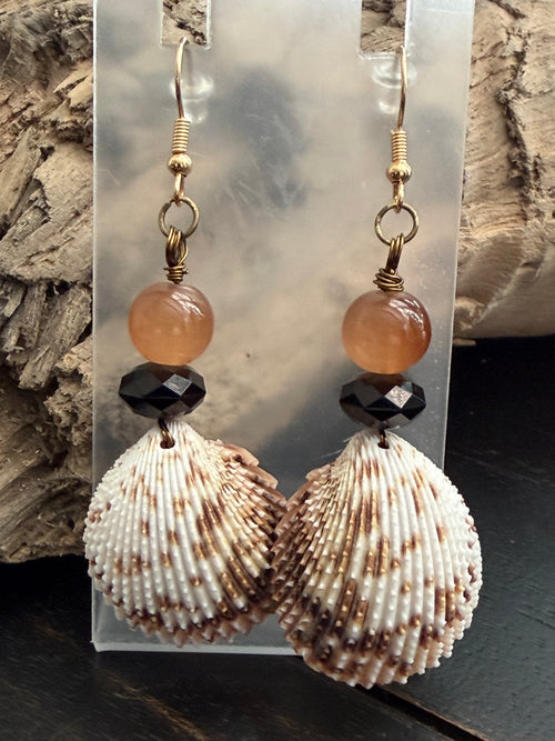 Chocolate Peach & Onyx Cockle Shell Earrings