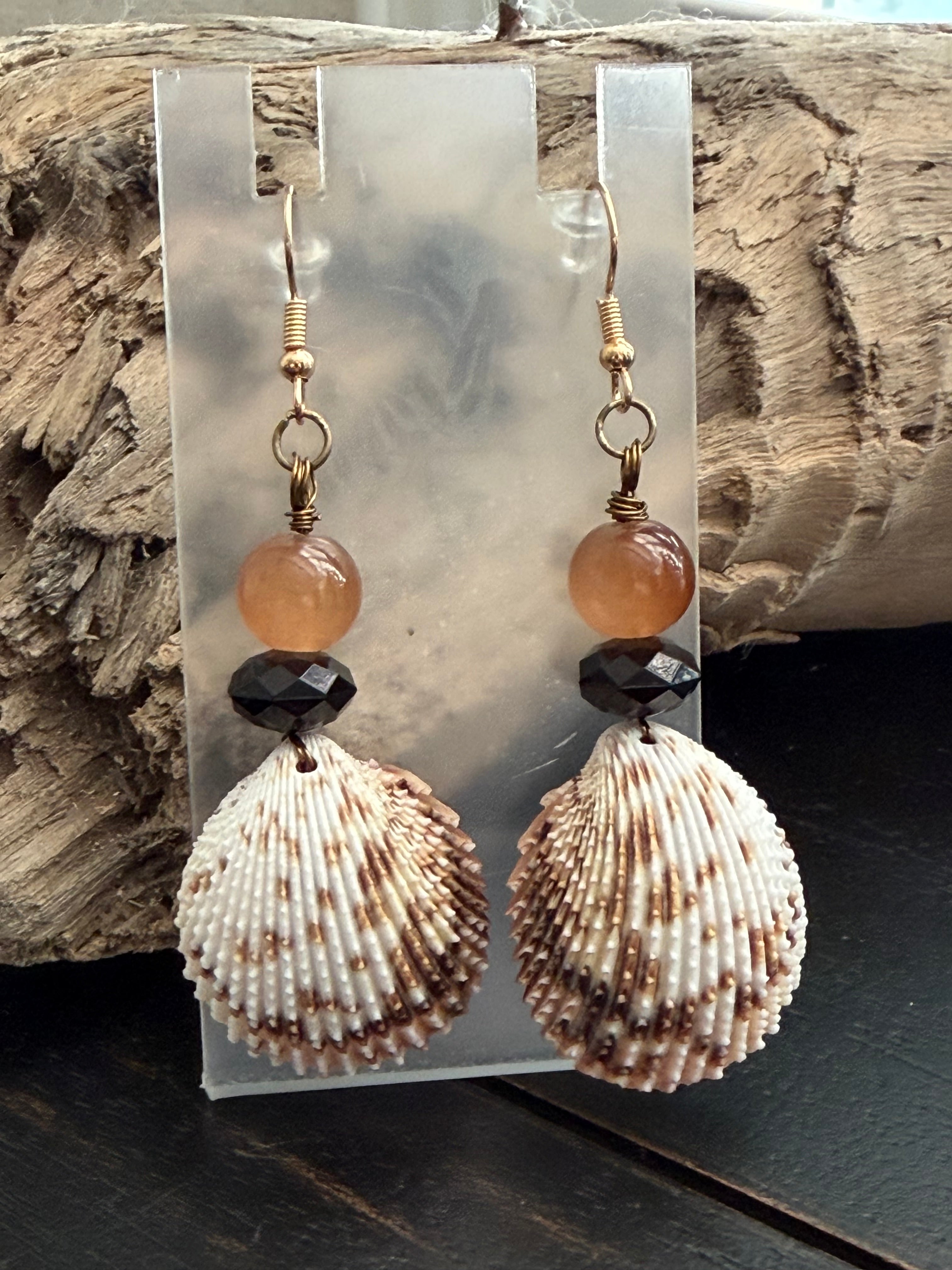 Chocolate Peach & Onyx Cockle Shell Earrings