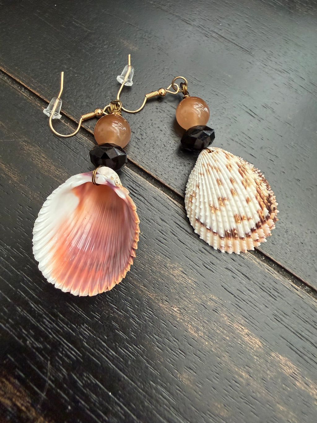 Chocolate Peach & Onyx Cockle Shell Earrings