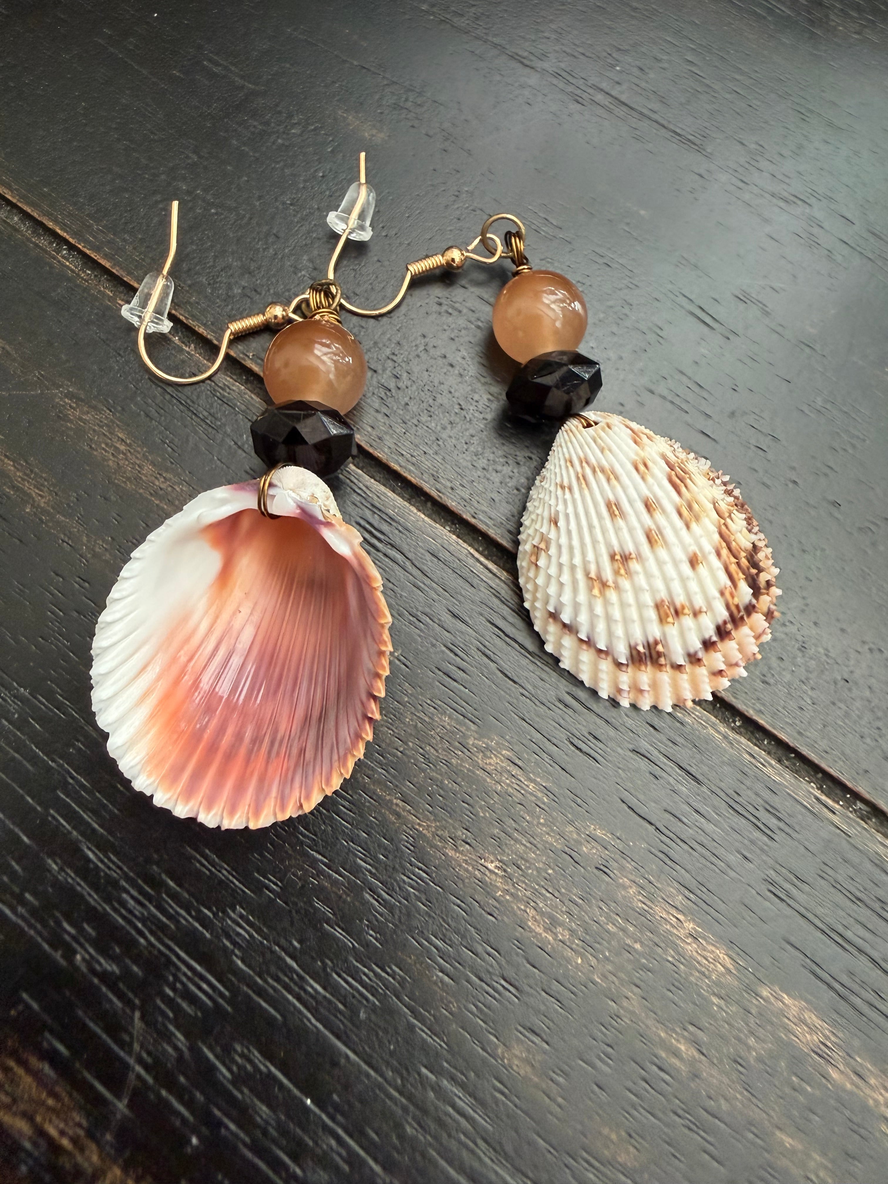Chocolate Peach & Onyx Cockle Shell Earrings