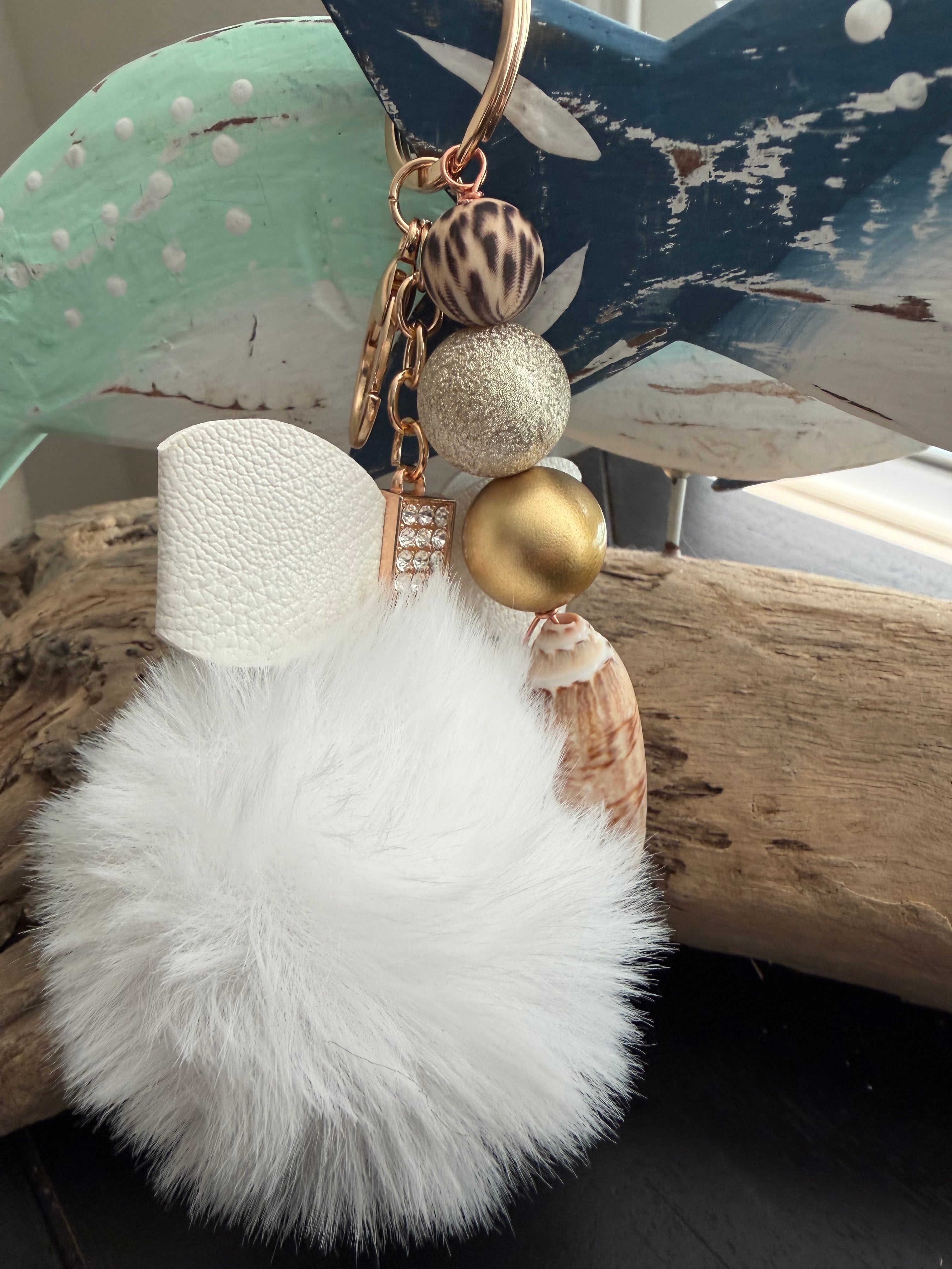 Safari Chic White Pom Pom Keychain