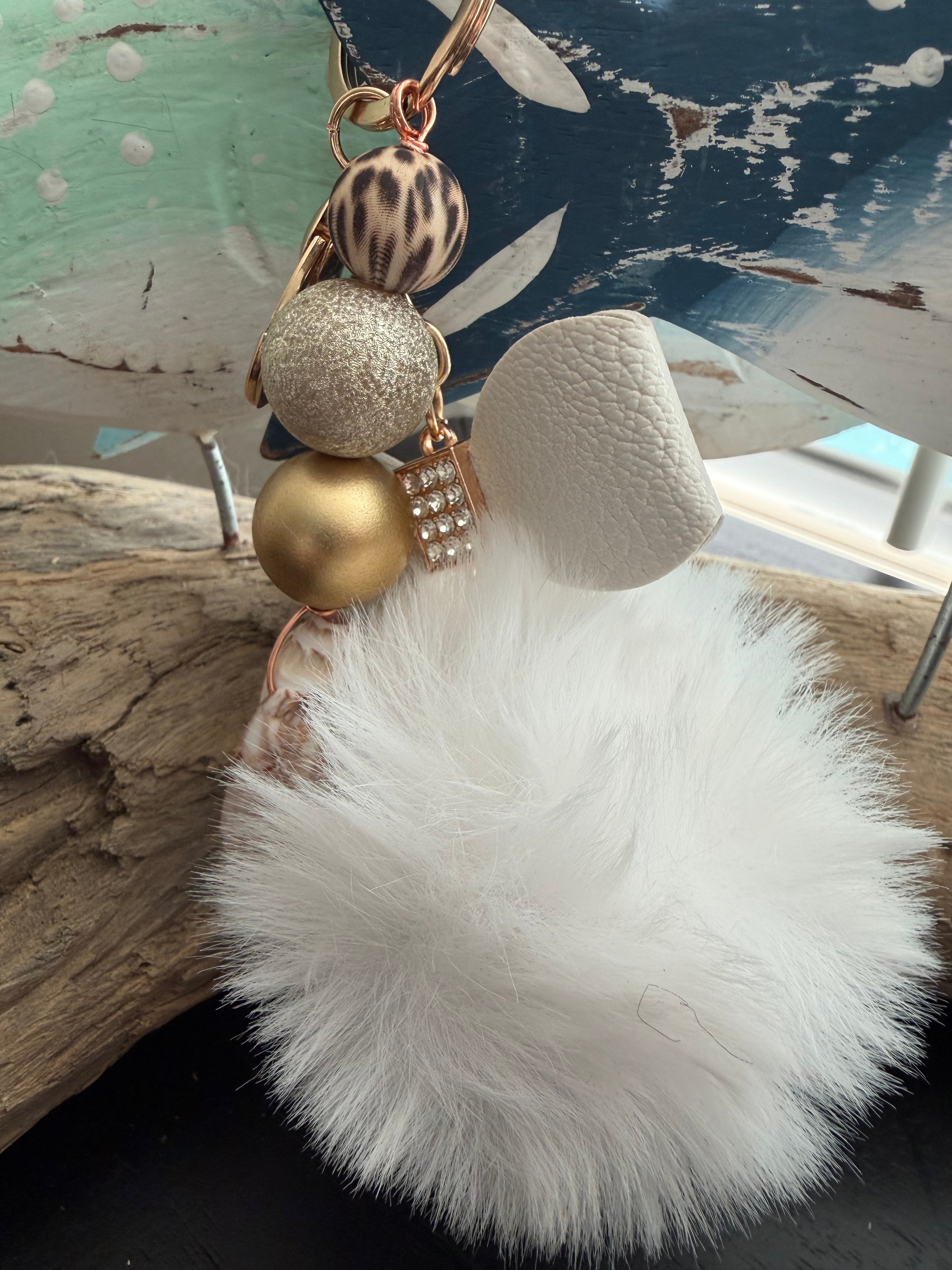 Safari Chic White Pom Pom Keychain