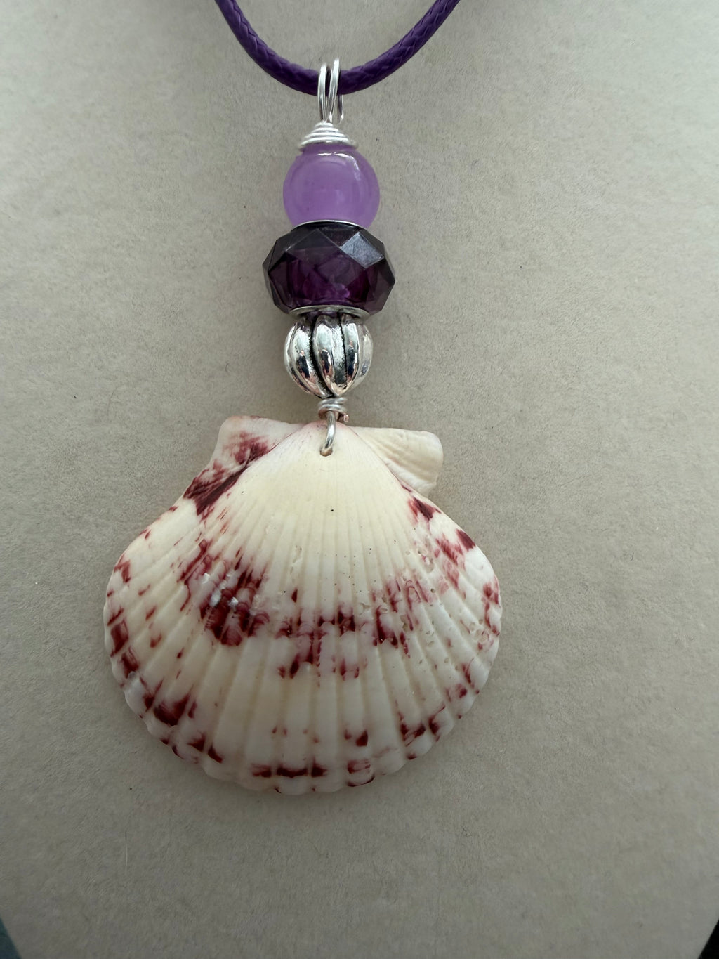 Violet Shores Calico Scallop Shell Necklace – Amethyst, Lavender & Silver Bali on Purple Cord