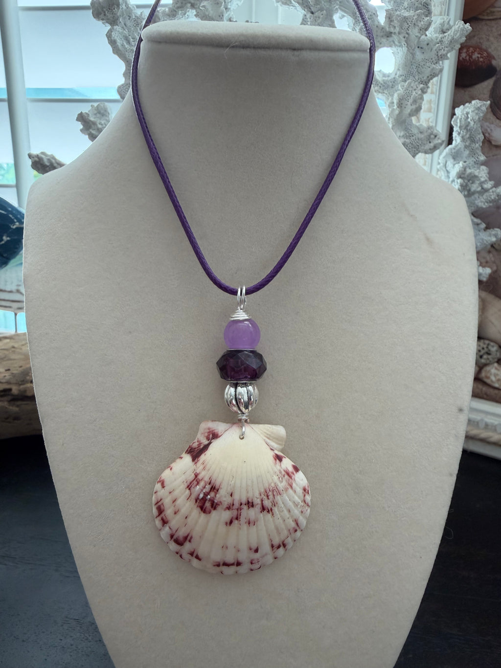 Violet Shores Calico Scallop Shell Necklace – Amethyst, Lavender & Silver Bali on Purple Cord
