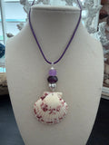 Violet Shores Calico Scallop Shell Necklace – Amethyst, Lavender & Silver Bali on Purple Cord