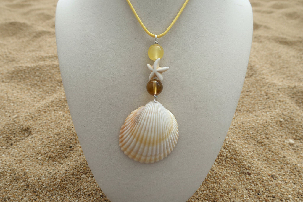 Sunshine & Starfish Cockle Shell Necklace – Lemon Chalcedony & Amber on Yellow Cord