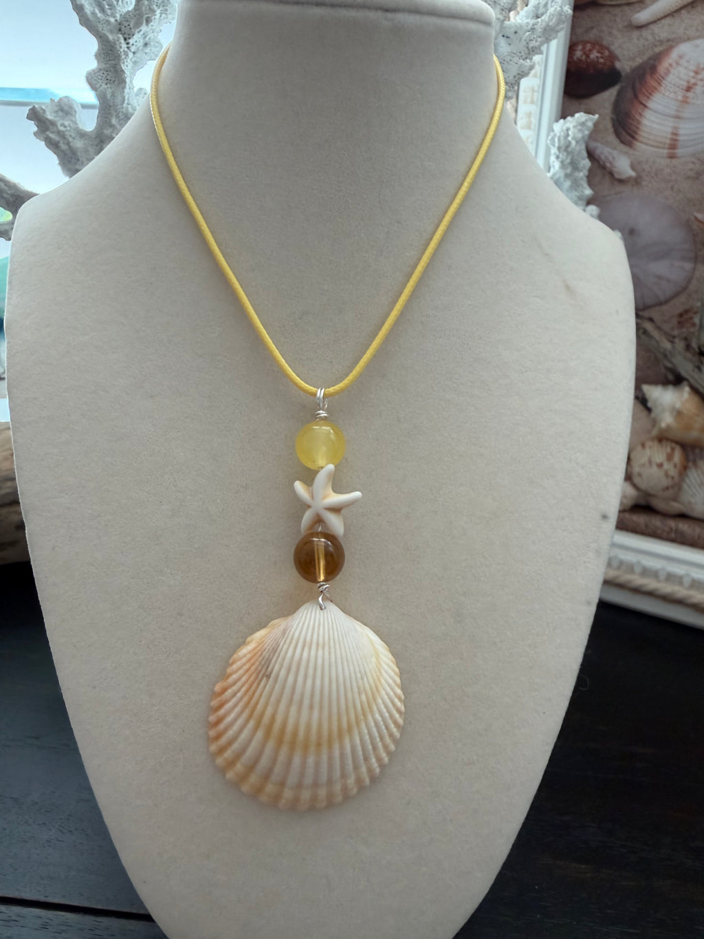 Sunshine & Starfish Cockle Shell Necklace – Lemon Chalcedony & Amber on Yellow Cord