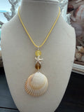 Sunshine & Starfish Cockle Shell Necklace – Lemon Chalcedony & Amber on Yellow Cord