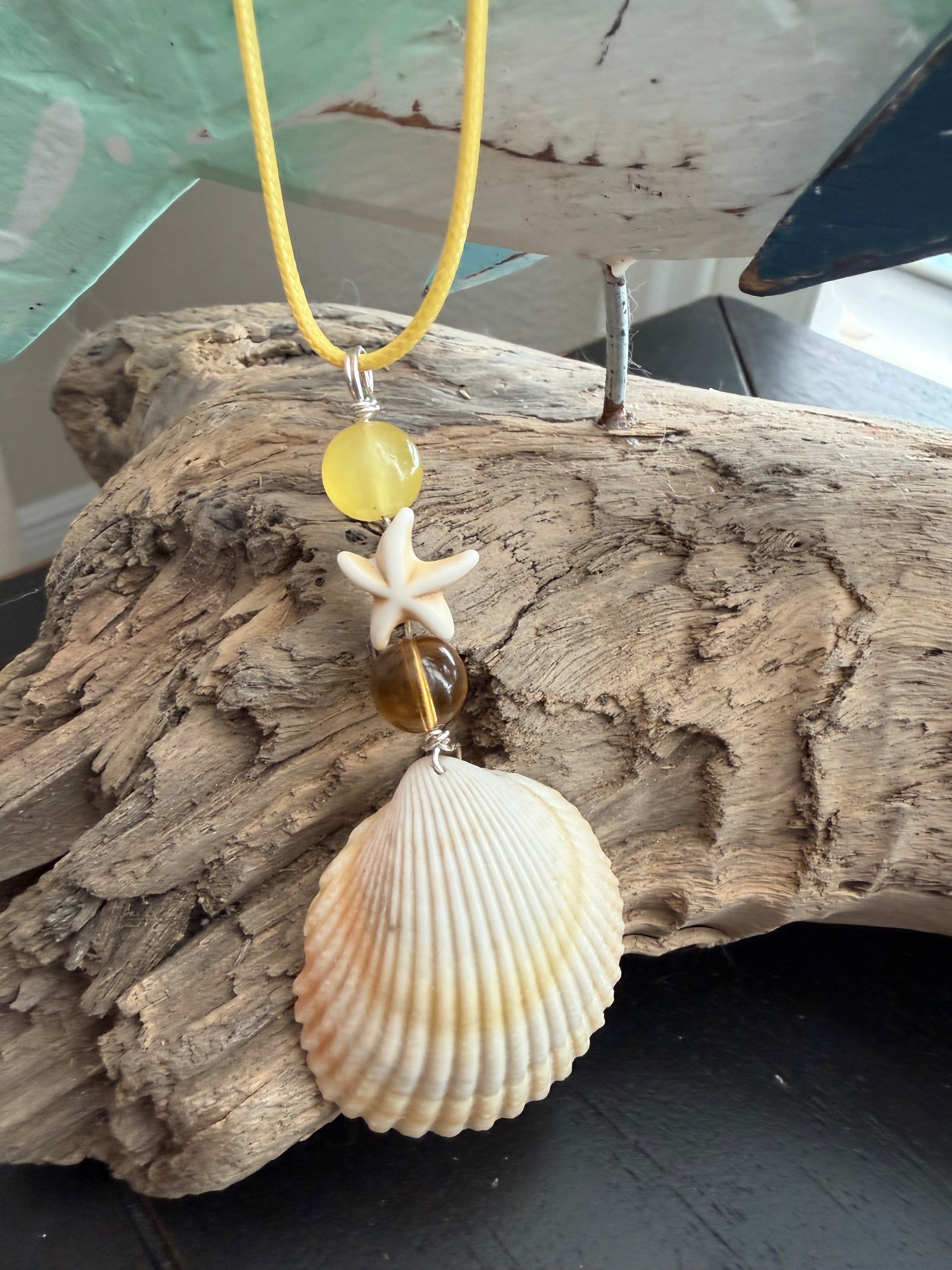 Sunshine & Starfish Cockle Shell Necklace – Lemon Chalcedony & Amber on Yellow Cord