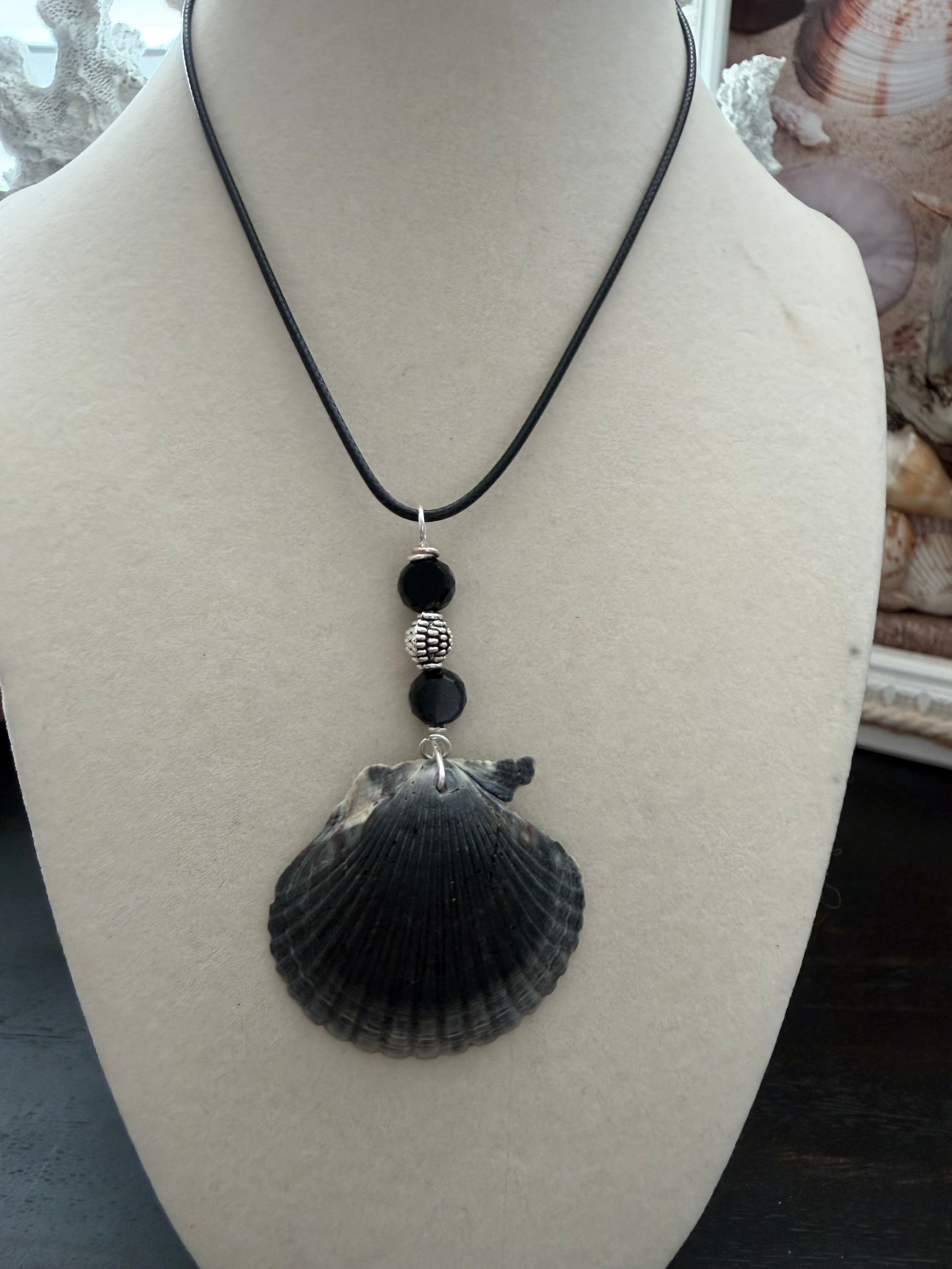 Obsidian Beach Shores Scallop Shell Necklace – Jet Crystal, & Bali Bead on Black Cord