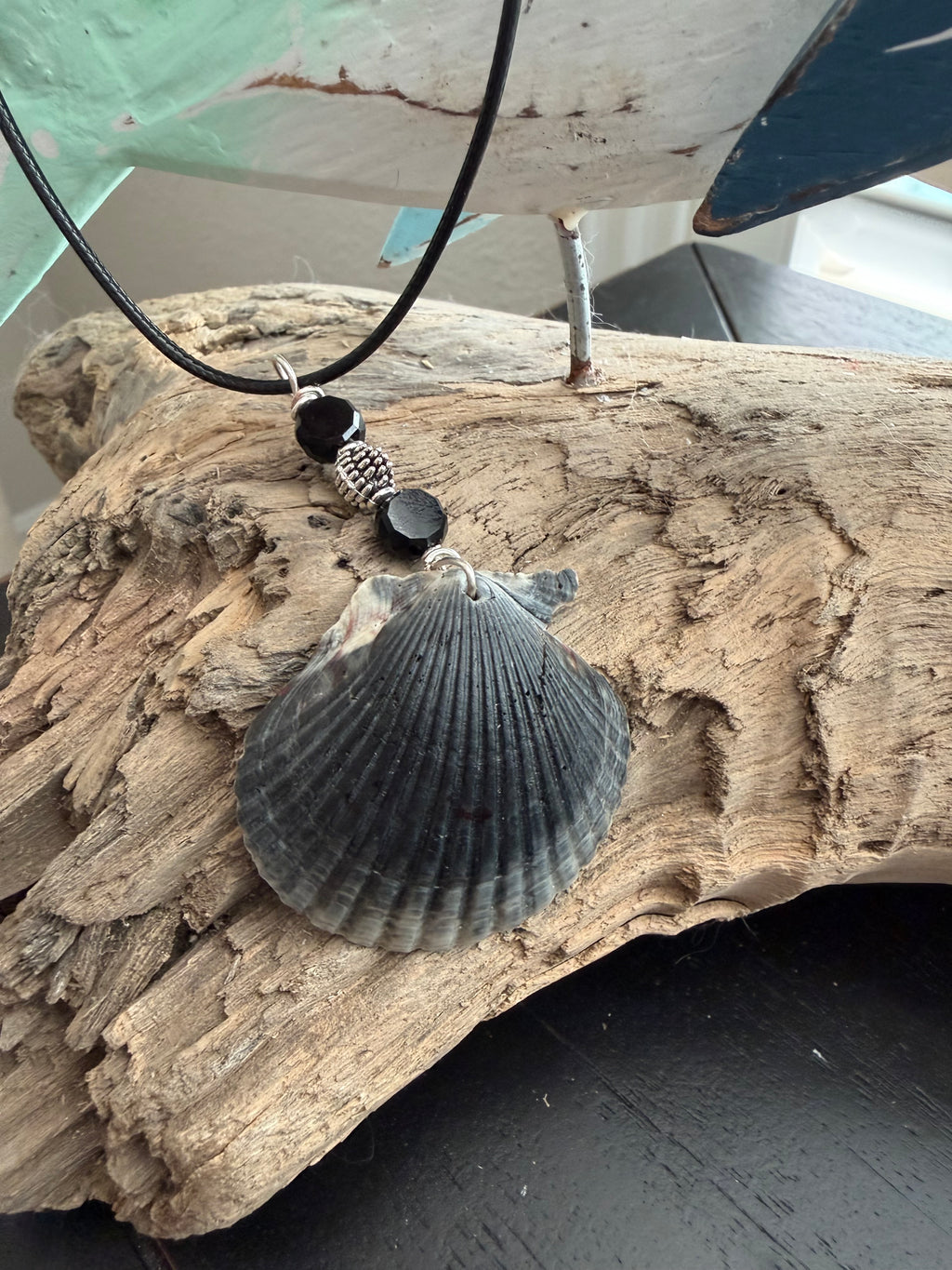 Obsidian Beach Shores Scallop Shell Necklace – Jet Crystal, & Bali Bead on Black Cord