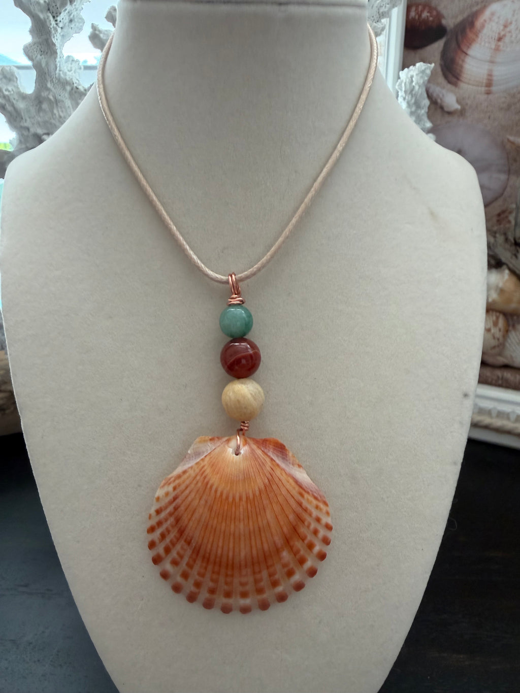 Sunset Breeze Scallop Shell Necklace – Amazonite, Carnelian & Cream on Natural Cord