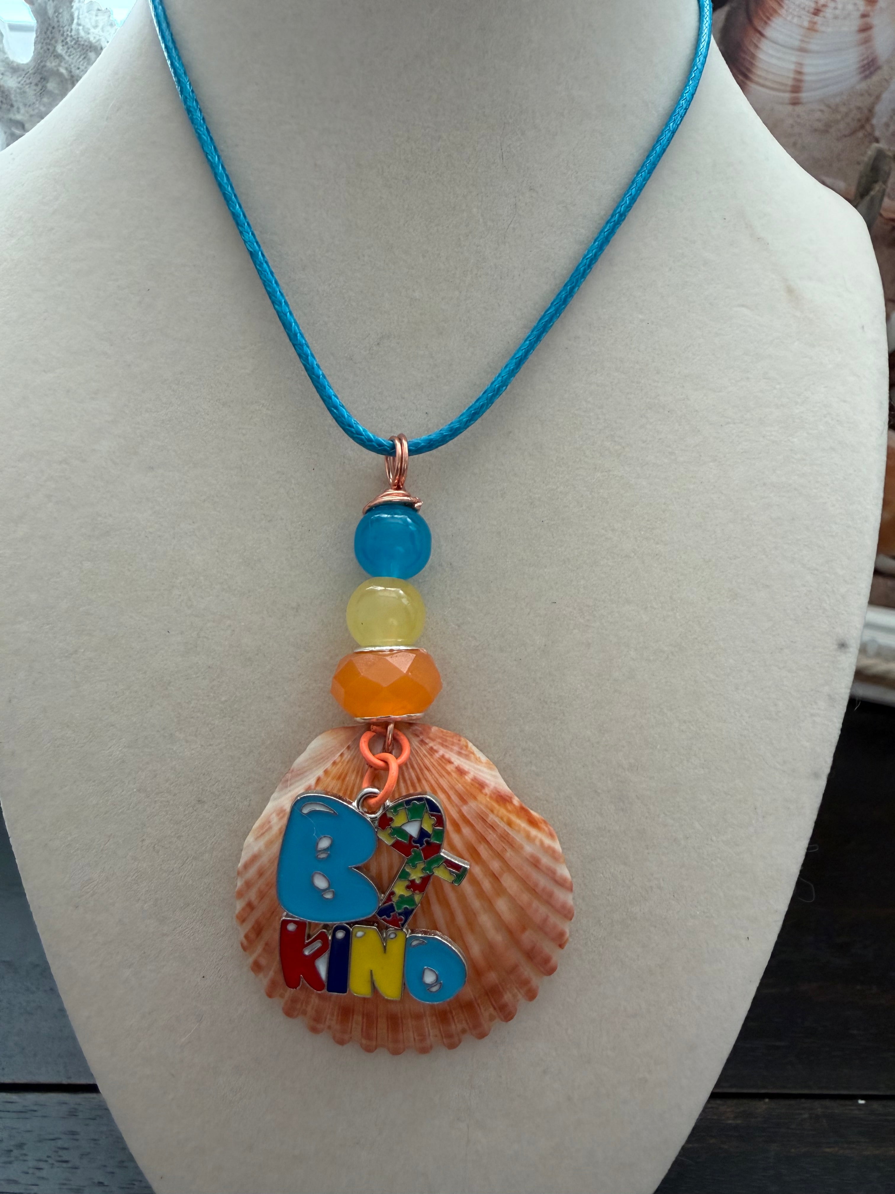 Be Kind Sunrise Scallop Shell Necklace – Autism Awareness | Orange Shell on Blue Cord