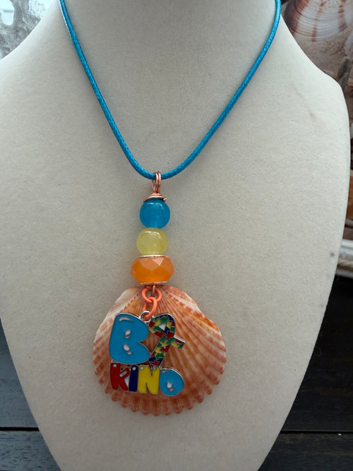 Be Kind Sunrise Scallop Shell Necklace – Autism Awareness | Orange Shell on Blue Cord