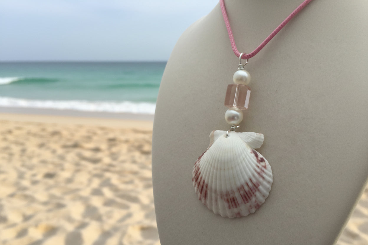 Sanibel Blush Scallop Shell Necklace – Pearl & Crystal on Pink Waxed Cord