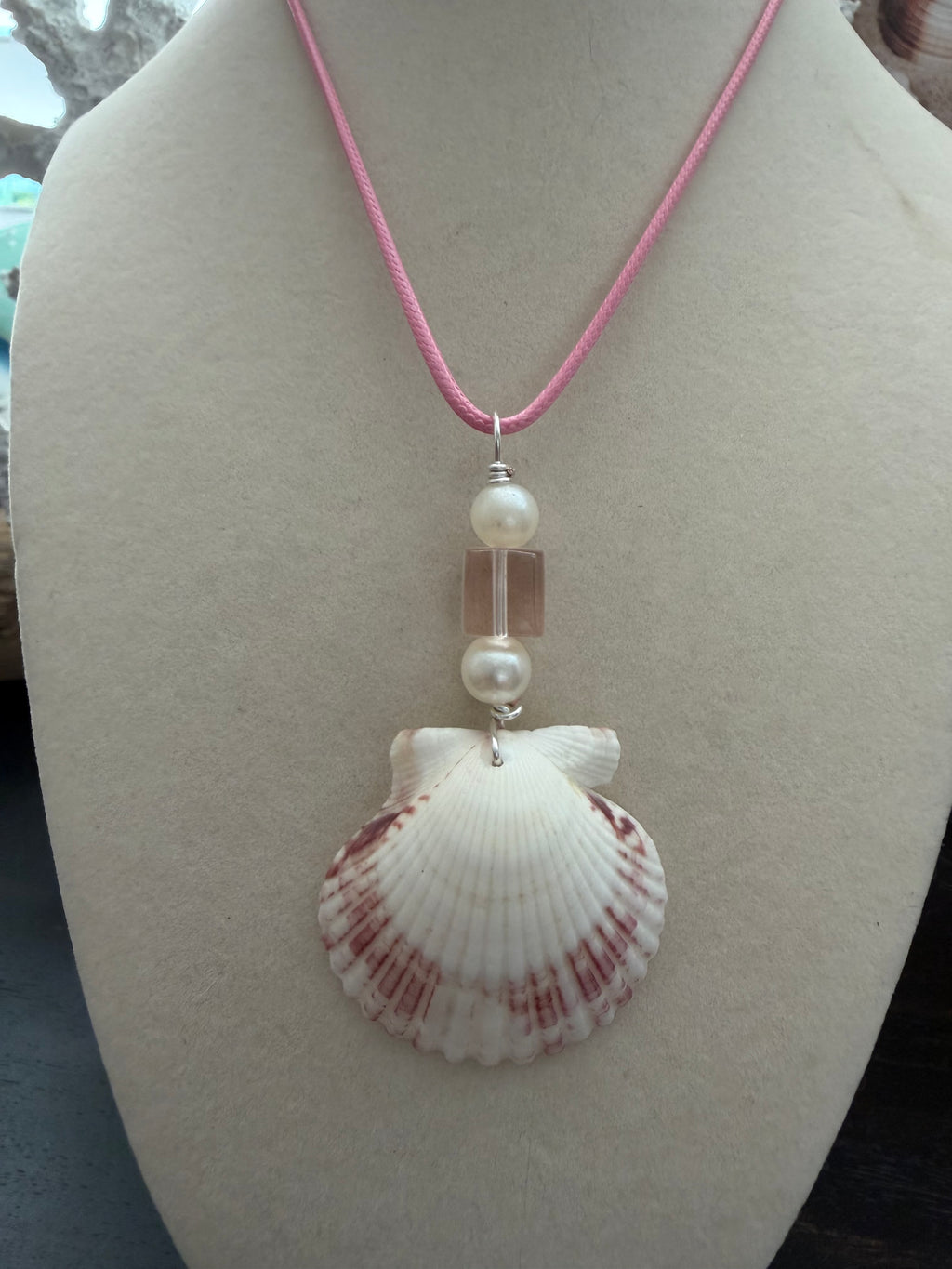 Sanibel Blush Scallop Shell Necklace – Pearl & Crystal on Pink Waxed Cord