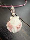 Sanibel Blush Scallop Shell Necklace – Pearl & Crystal on Pink Waxed Cord