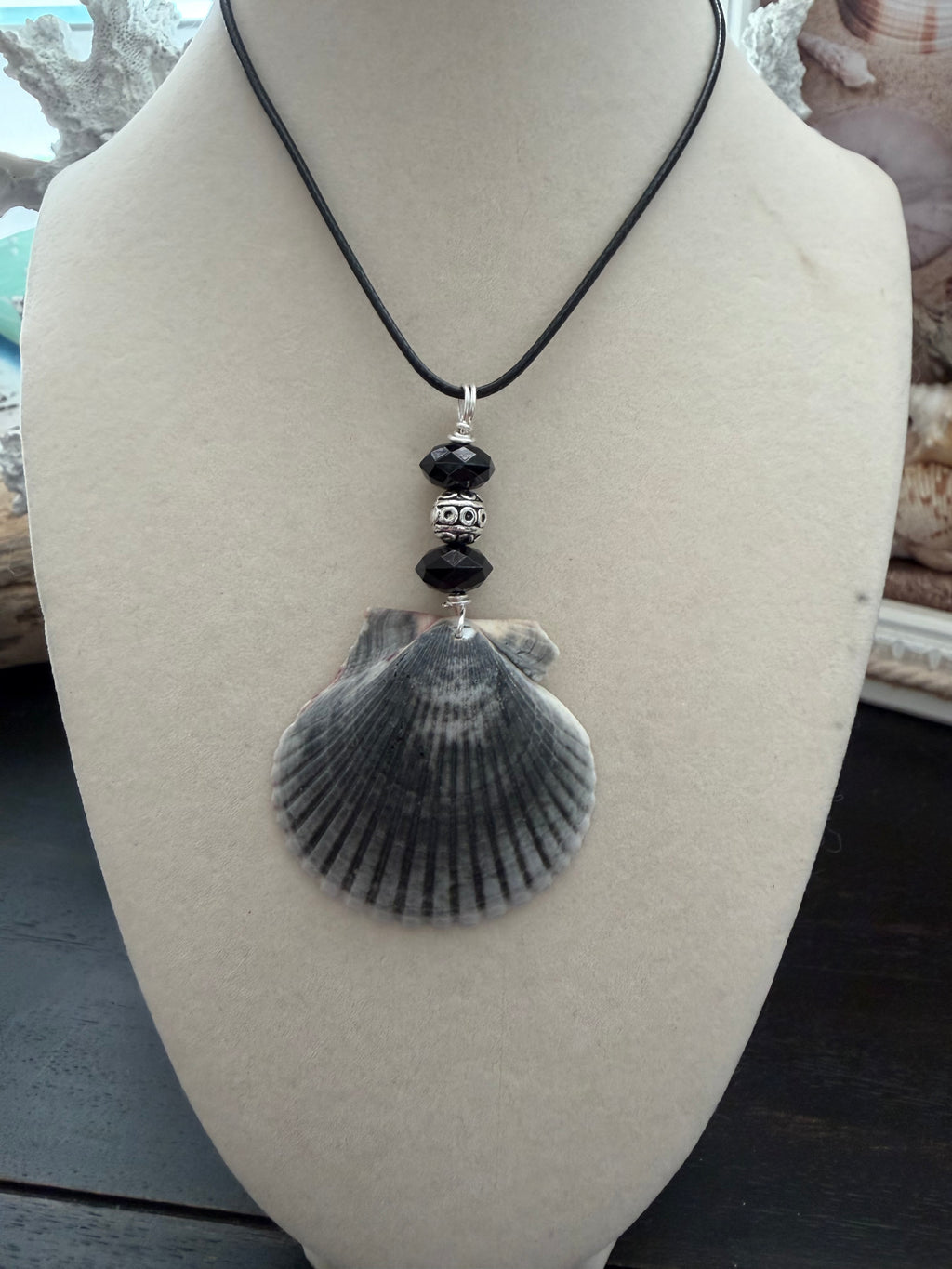 Smokey Shores Scallop Shell Necklace – Black Crystal & Silver on Black Cord