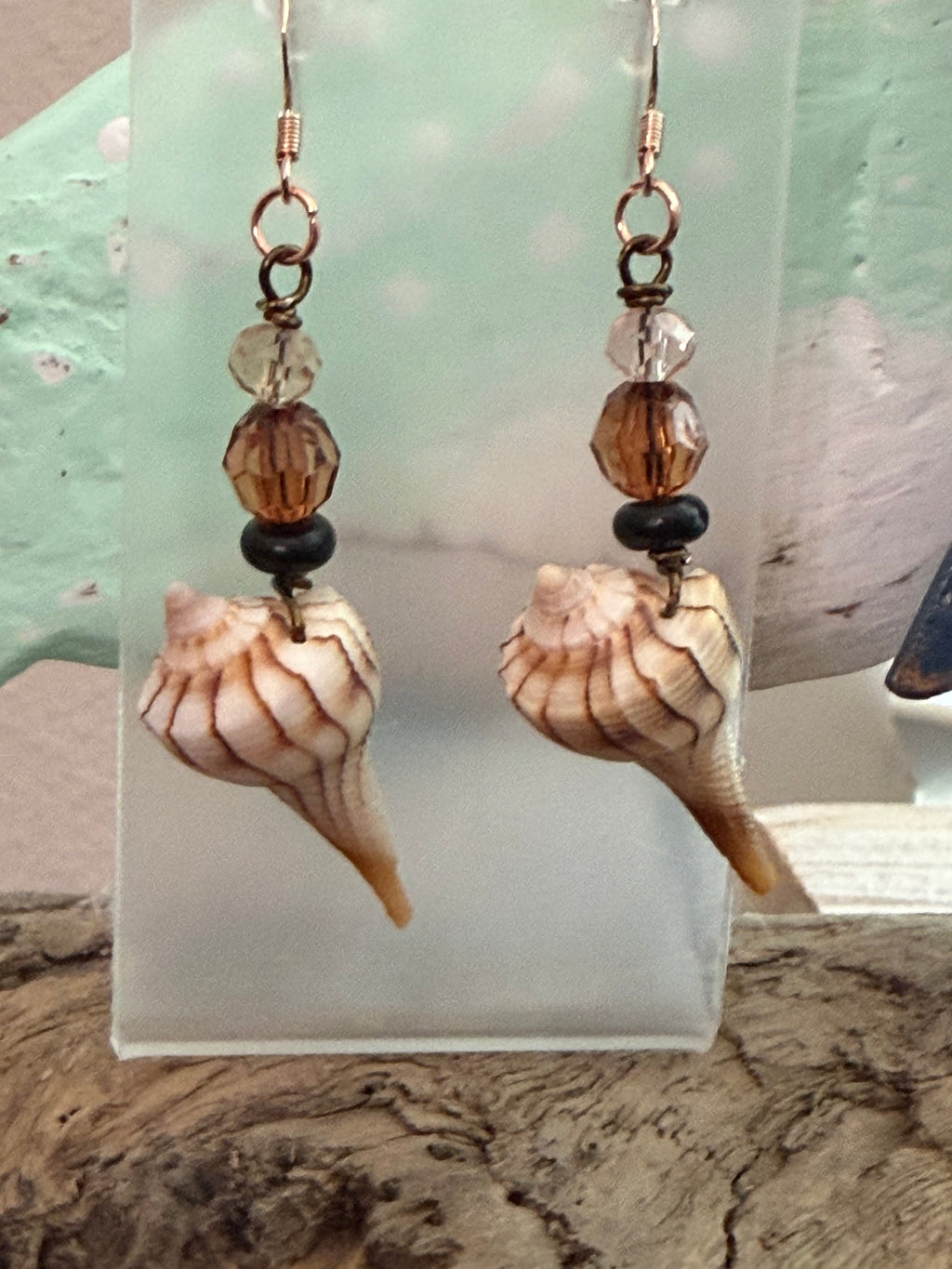 Wild Whelk – Lightning Whelk Shell & Amber Crystal Earrings on Antique Copper Ear Wires