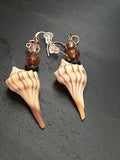 Wild Whelk – Lightning Whelk Shell & Amber Crystal Earrings on Antique Copper Ear Wires