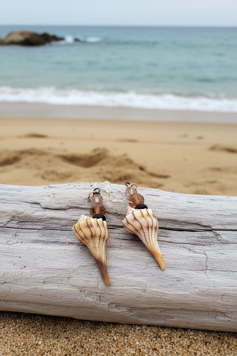 Real Lightning Whelk Shell & Amber Crystal Earrings on Antique Copper Ear Wires