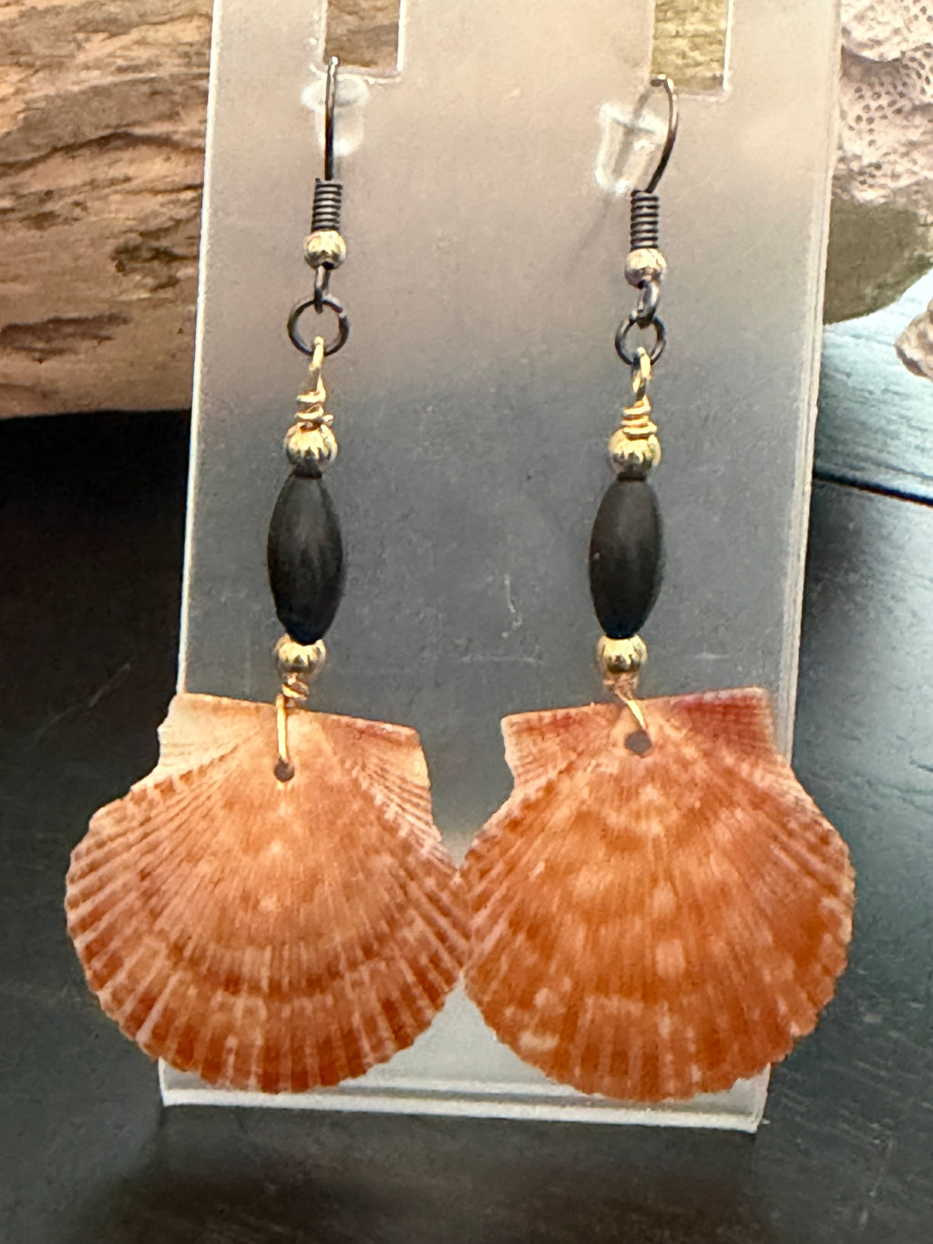 Ember Shore – Burnt Orange Scallop Shell & Black Onyx Earrings on Gold Ear Wires