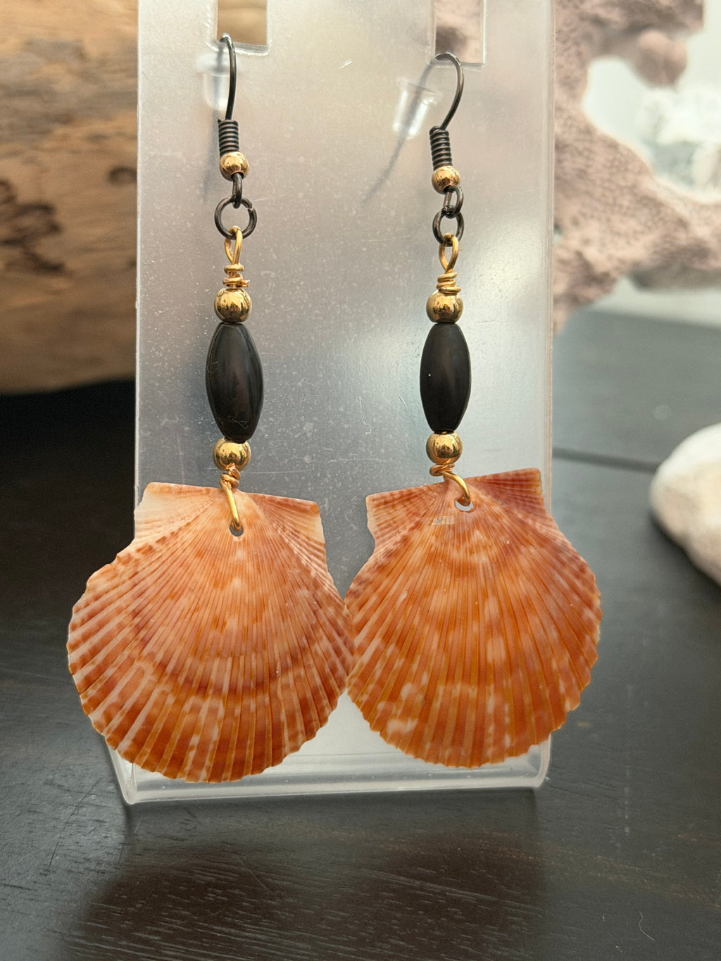 Ember Shore – Burnt Orange Scallop Shell & Black Onyx Earrings on Gold Ear Wires