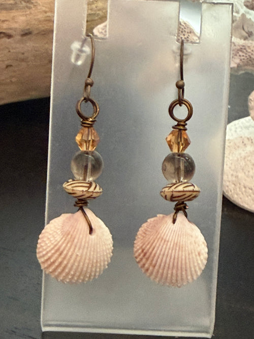 Champagne Shore – Blush Cockle Shell & Champagne Crystal Earrings on Antique Copper Ear Wires