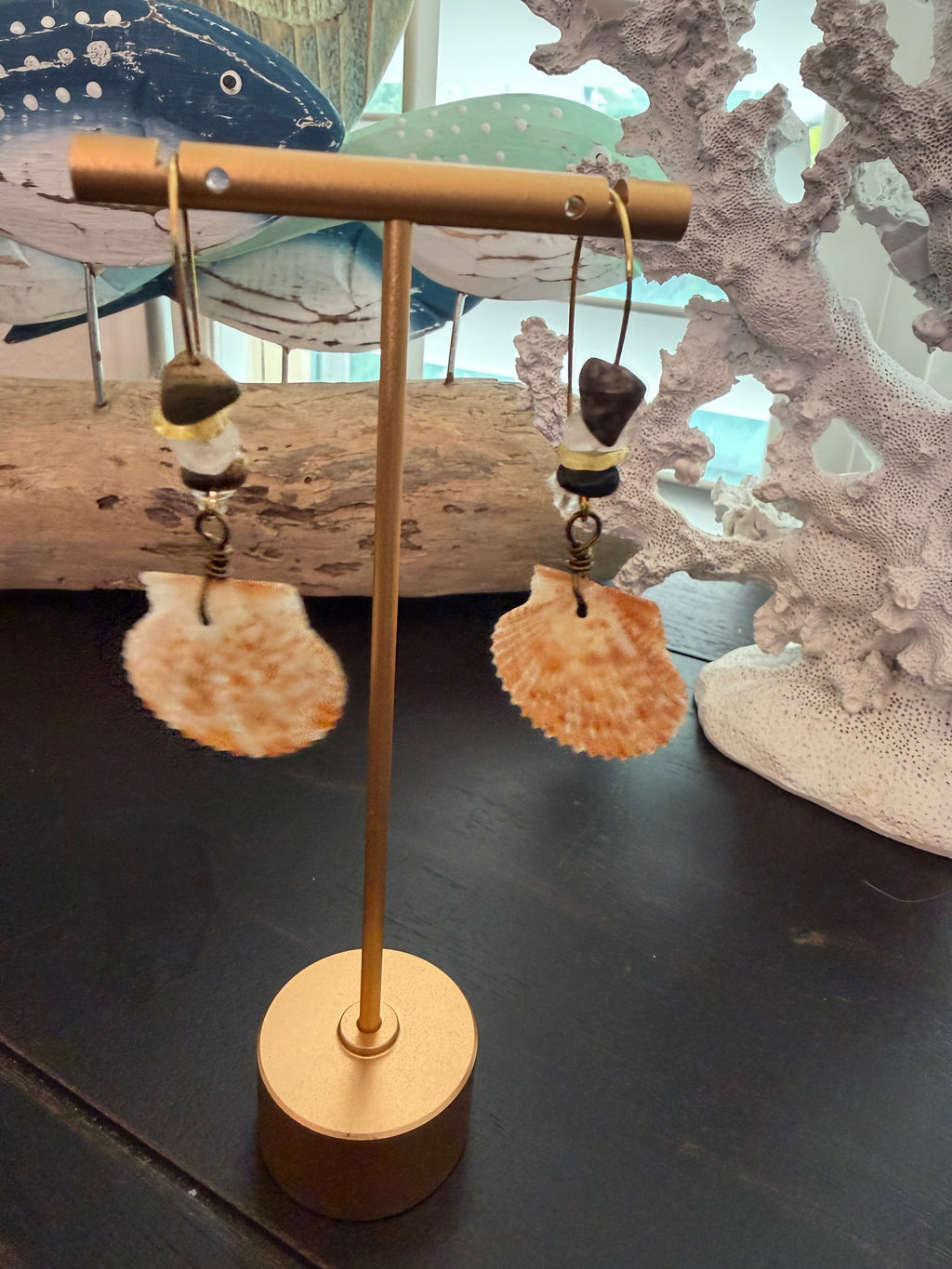 Golden Shore – Scallop Shell & Raw Quartz Chip Earrings on Gold Kidney Ear Wires