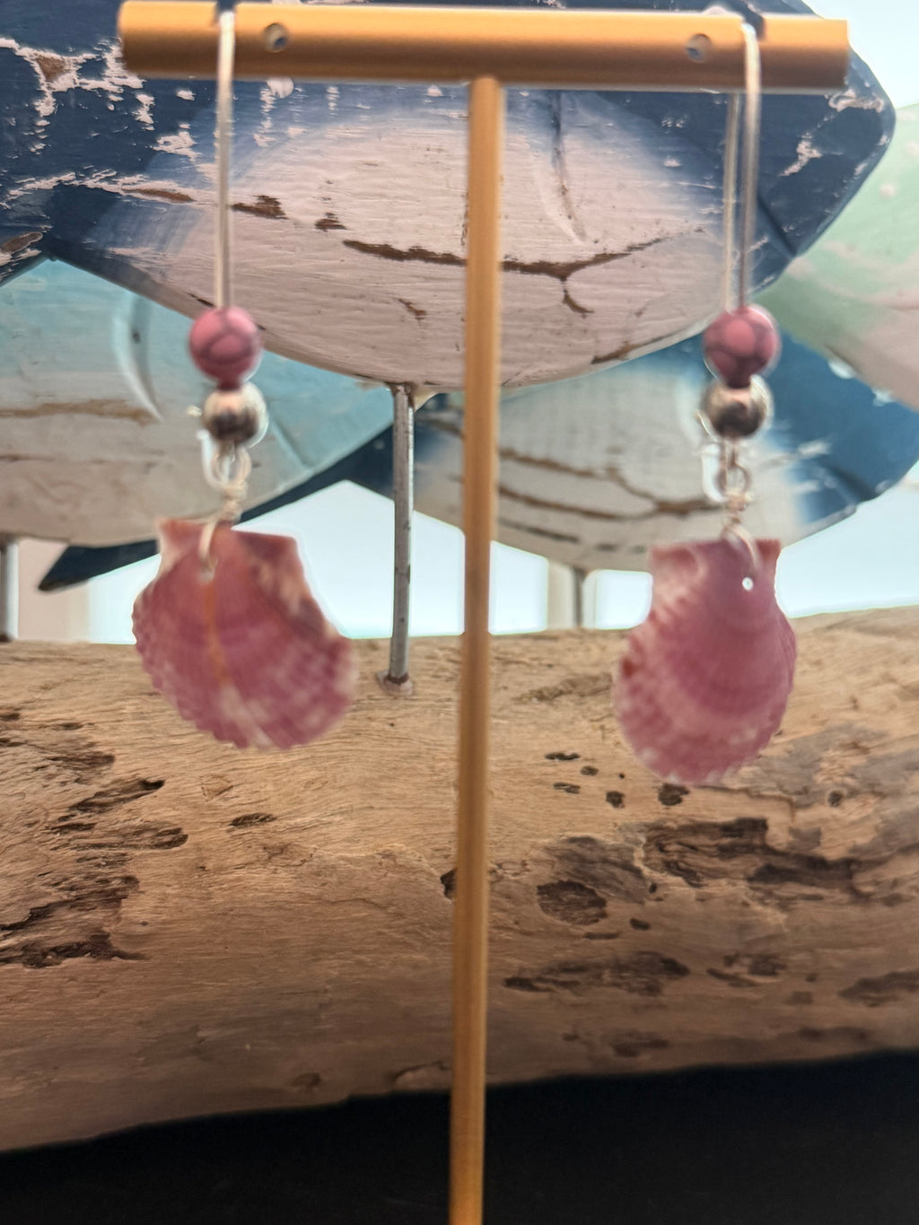 Mauve Tide – Dusty Rose Scallop Shell & Pink Turquoise Earrings on Silver Kidney Ear Wires