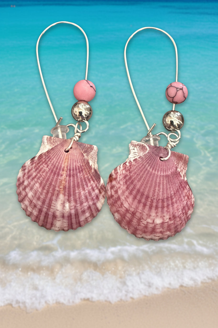 Mauve Tide – Dusty Rose Scallop Shell & Pink Turquoise Earrings on Silver Ear Wires