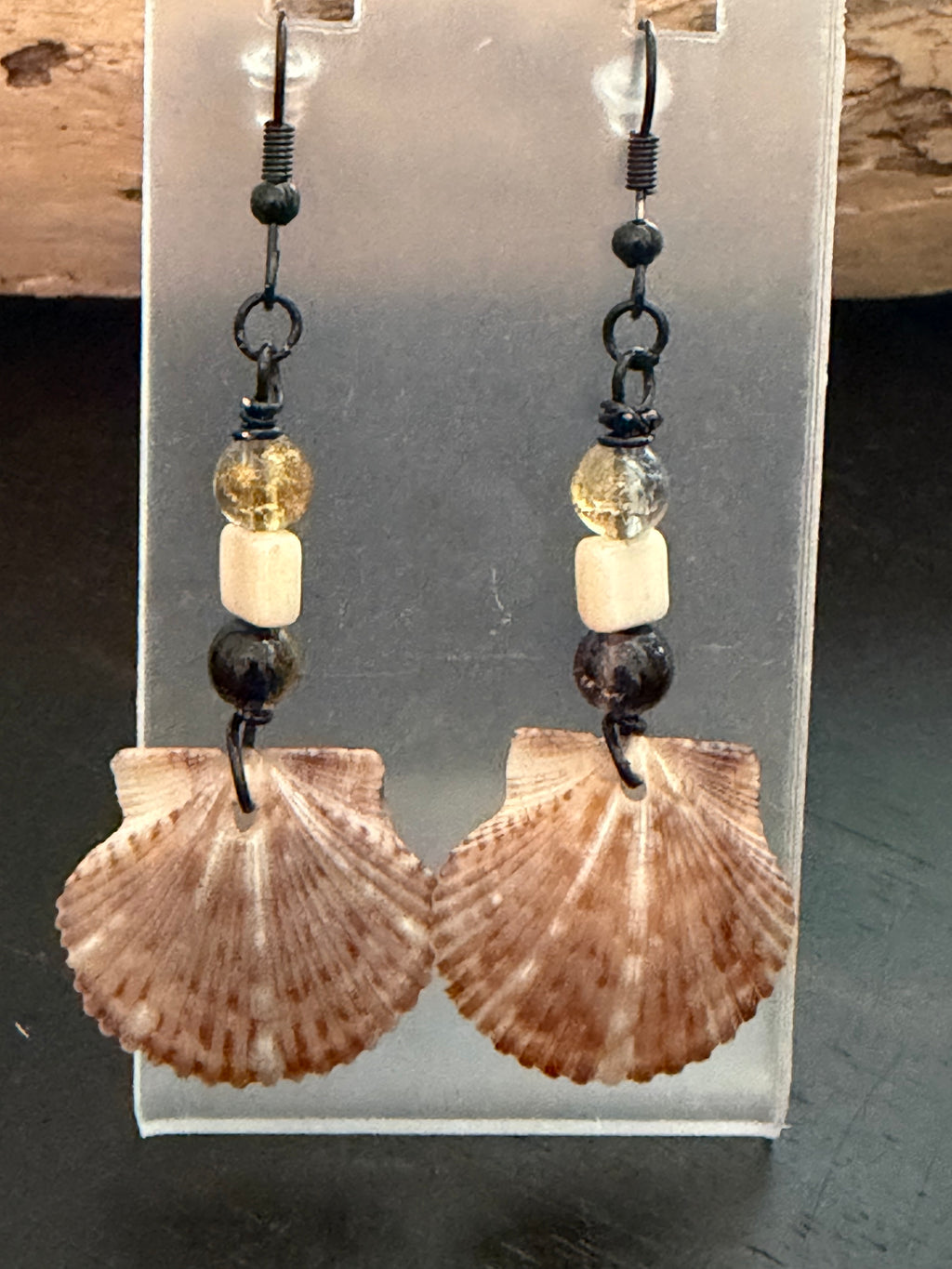 Driftwood & Smoke – Scallop Shell & Citrine Earrings on Matte Black Ear Wires