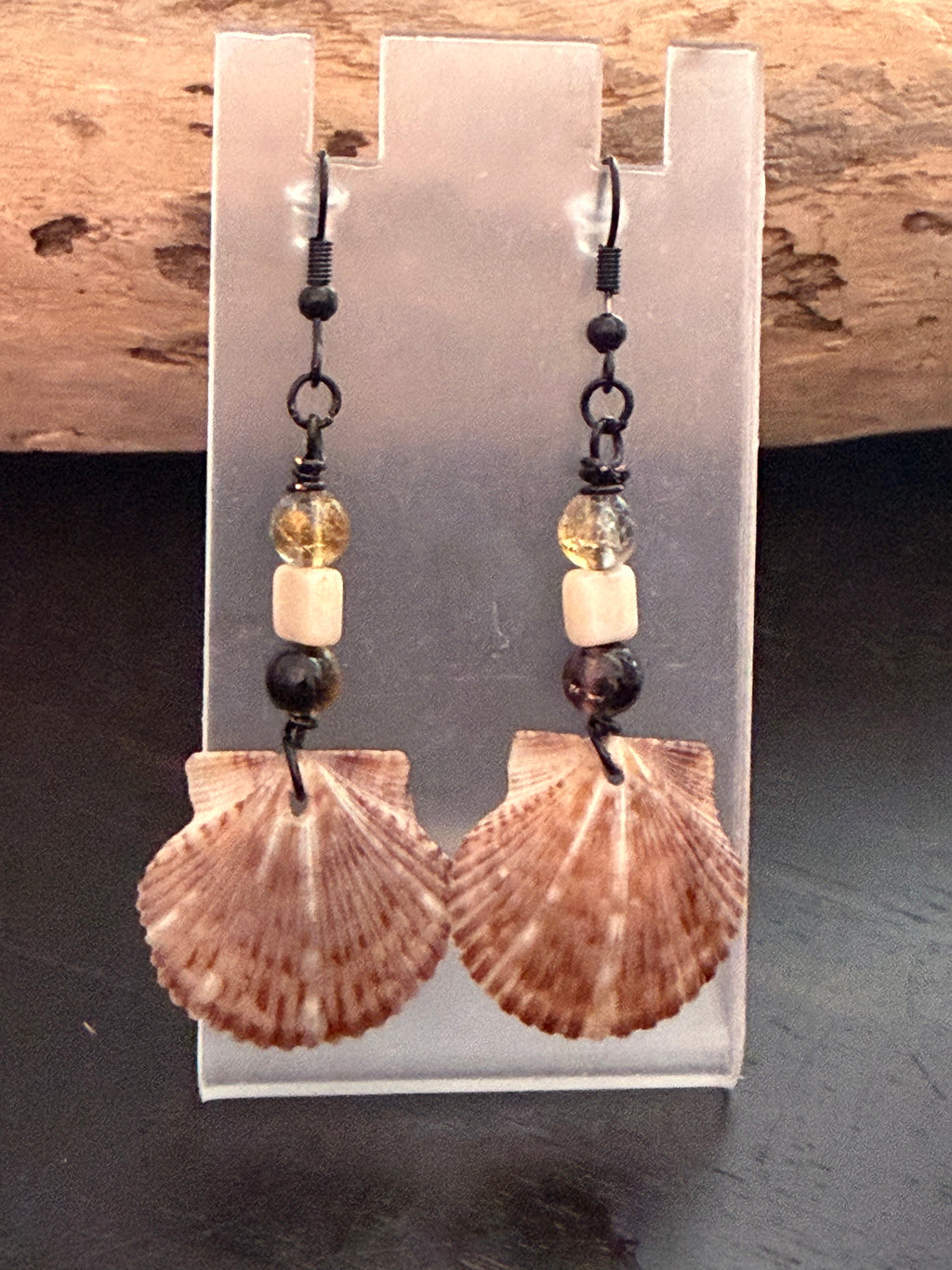 Driftwood & Smoke – Scallop Shell & Citrine Earrings on Matte Black Ear Wires