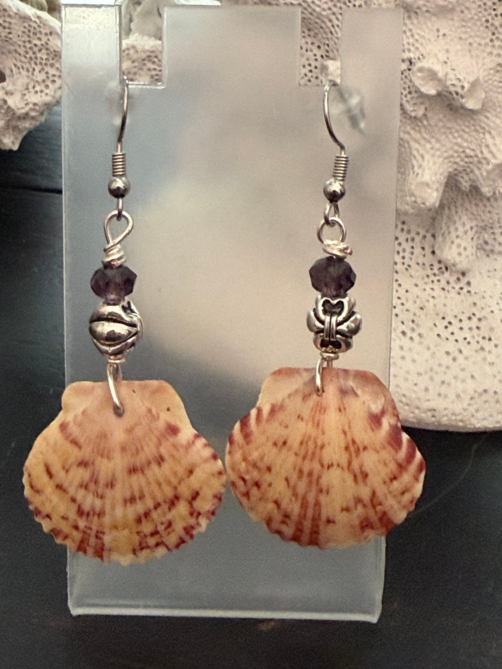 Amethyst Sparkle – Scallop Shell & Amethyst Crystal Earrings on Silver Ear Wires
