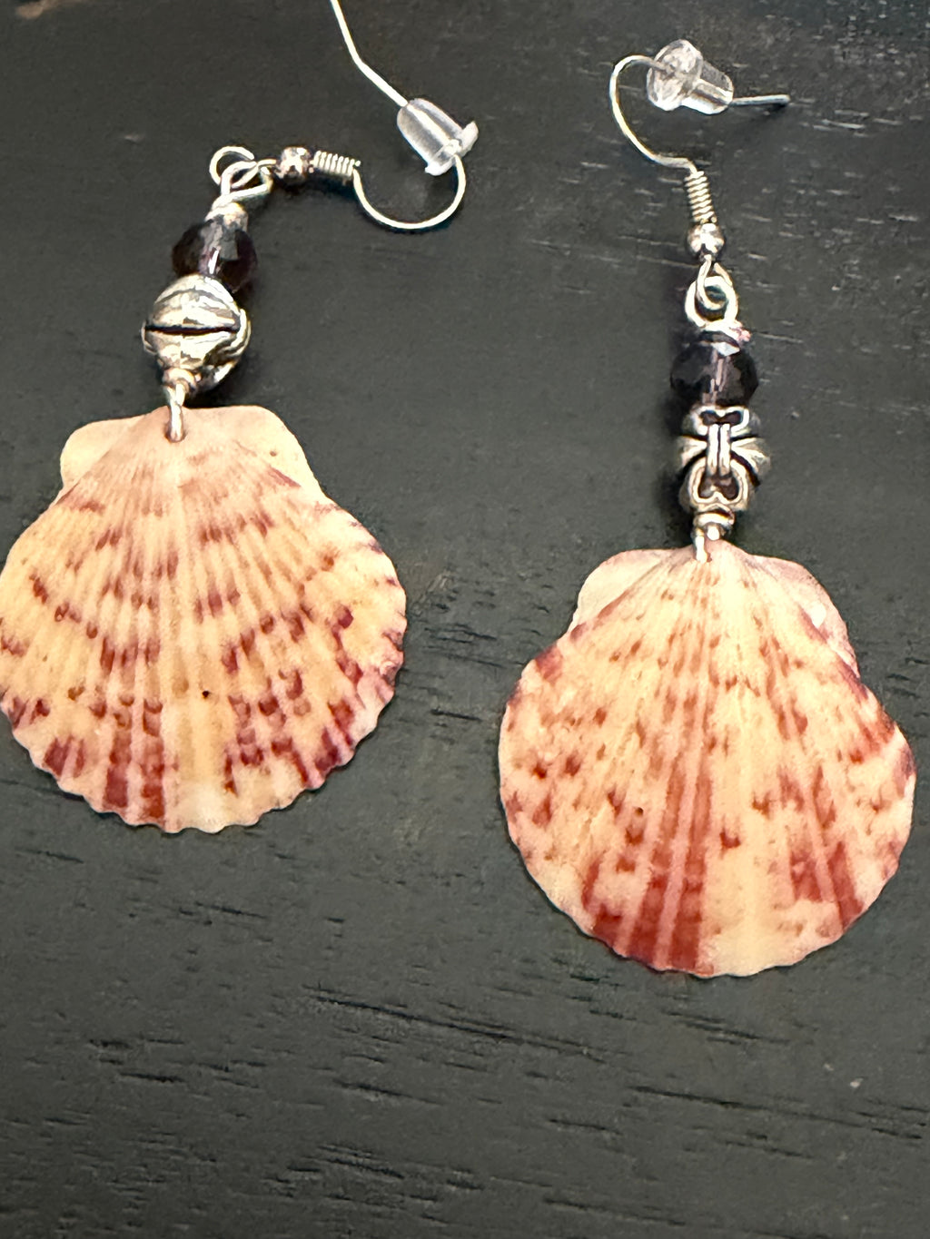 Amethyst Sparkle – Scallop Shell & Amethyst Crystal Earrings on Silver Ear Wires