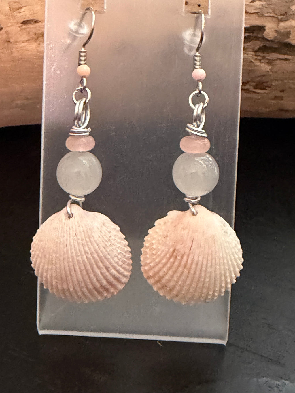 Seafoam Blush – Cockle Shell & Aqua Jade Earrings on Silver Ear Wires