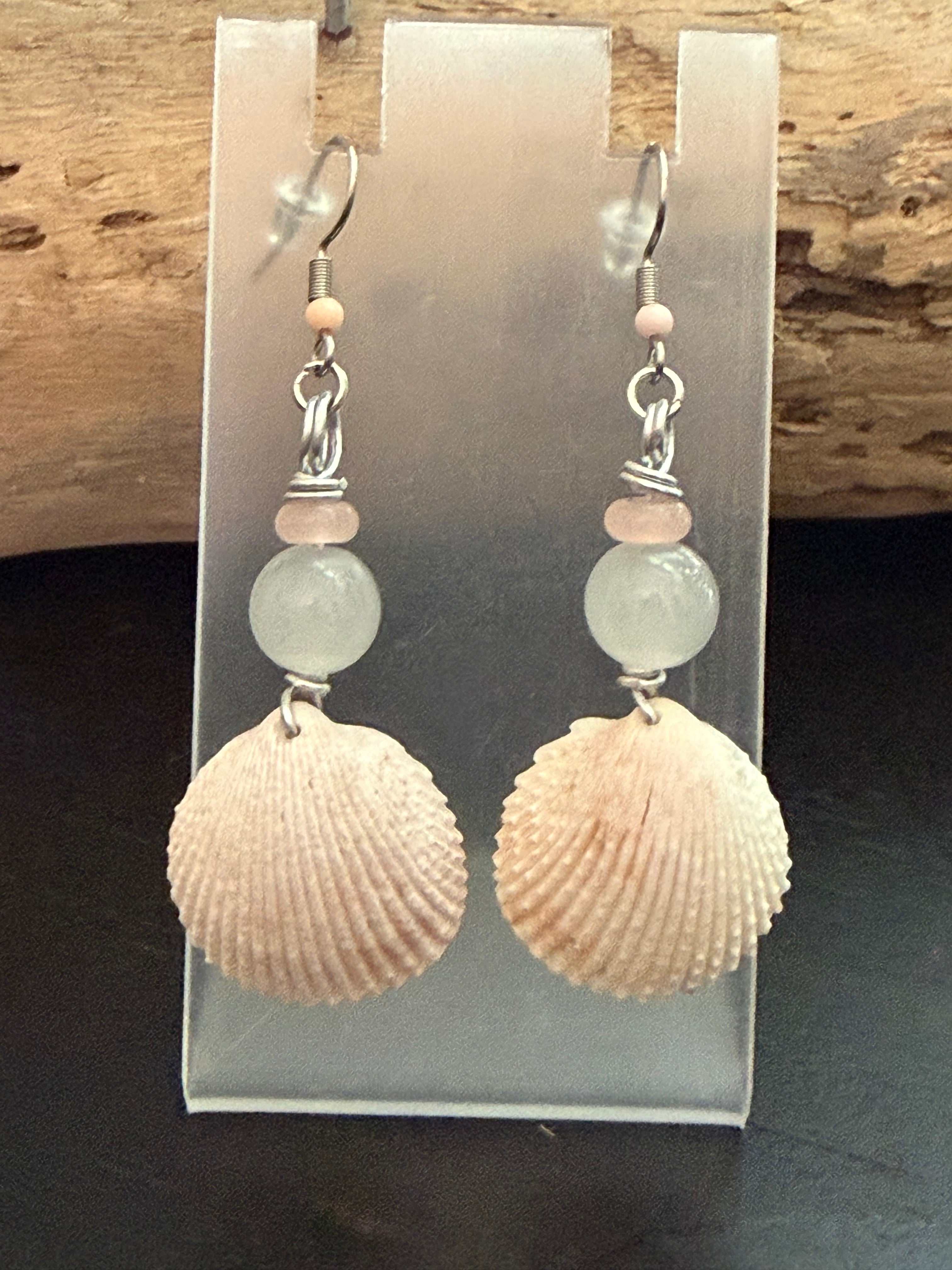 Seafoam Blush – Cockle Shell & Aqua Jade Earrings on Silver Ear Wires