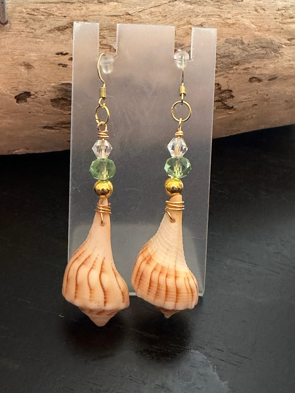 Seafoam Tulip – Tulip Shell & Seafoam Crystal Earrings on Gold Ear Wires