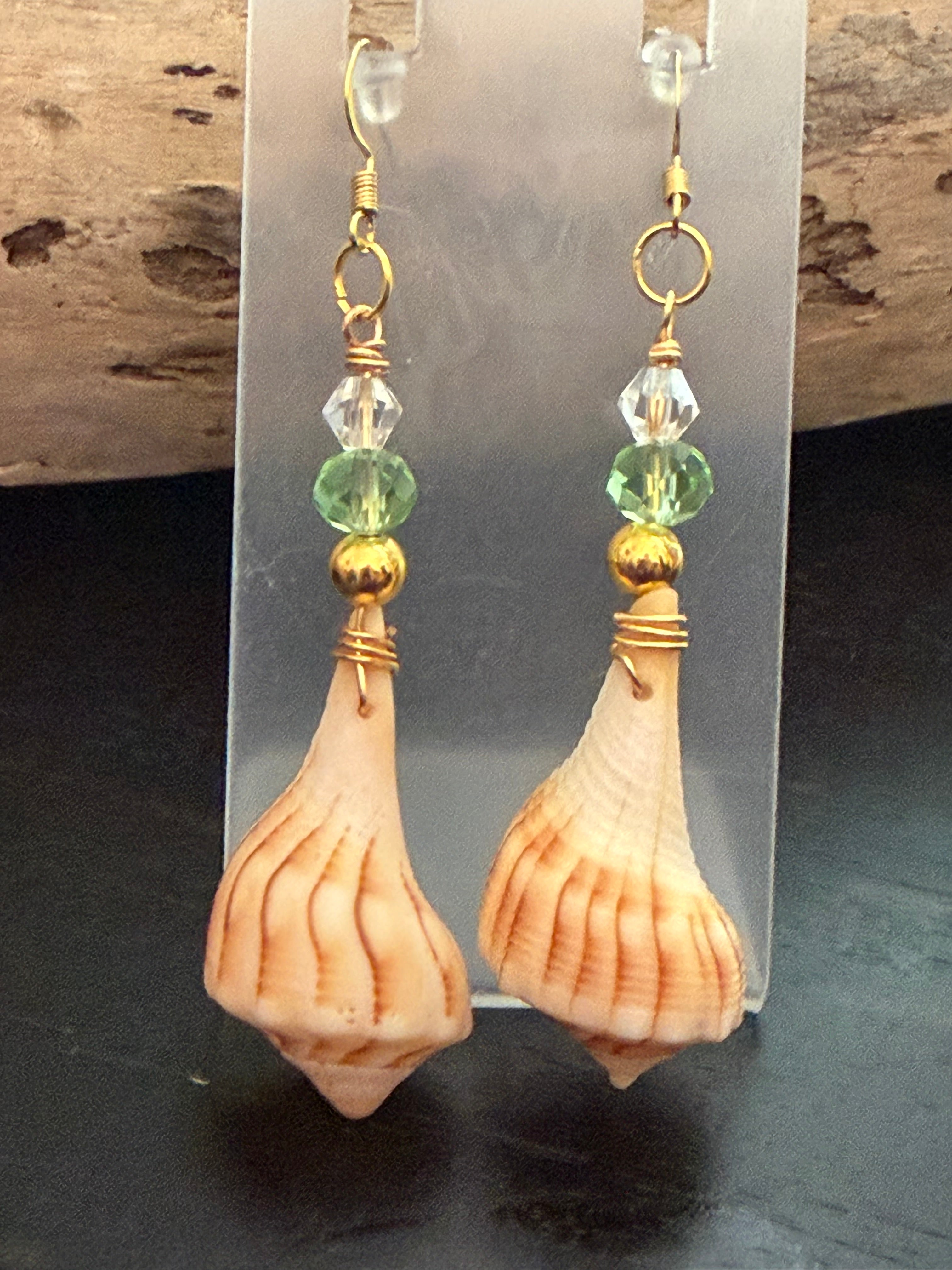 Seafoam Tulip – Tulip Shell & Seafoam Crystal Earrings on Gold Ear Wires