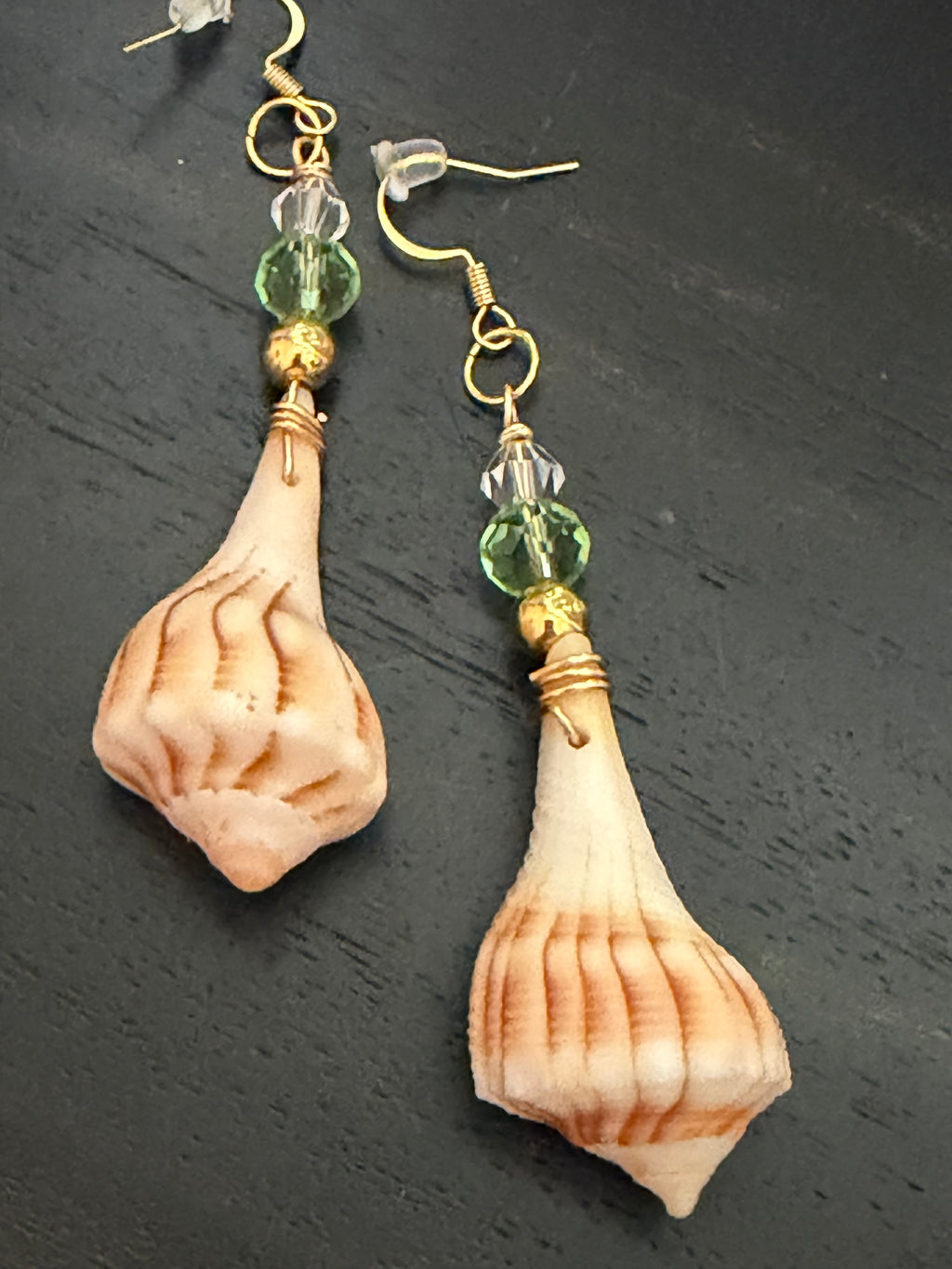 Seafoam Tulip – Tulip Shell & Seafoam Crystal Earrings on Gold Ear Wires