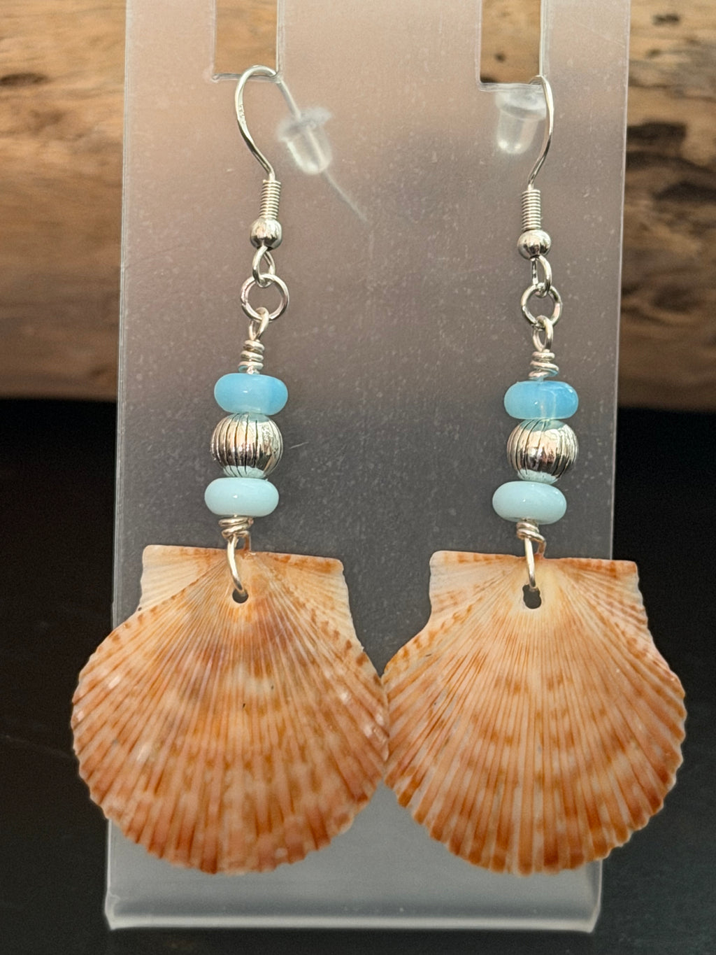Blue Opal Shore – Scallop Shell & Sky Blue Opal Earrings on Silver Ear Wires