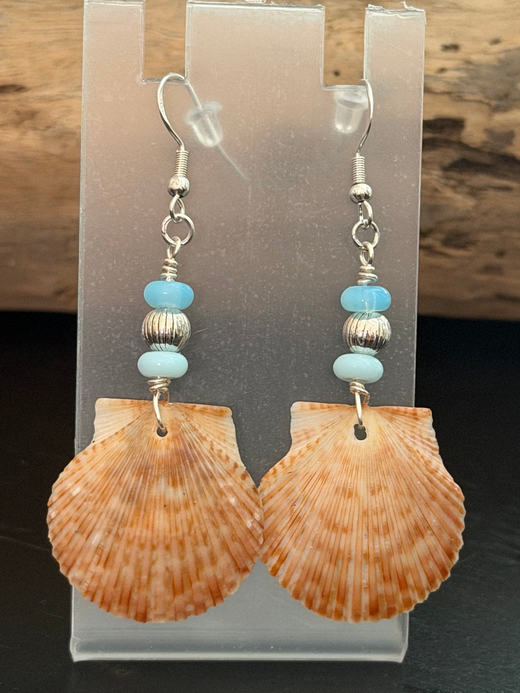 Blue Opal Shore – Scallop Shell & Sky Blue Opal Earrings on Silver Ear Wires
