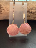 Rose Fan – Deep Rose Scallop Shell & Gold Tube Bead Earrings on Gold Ear Wires