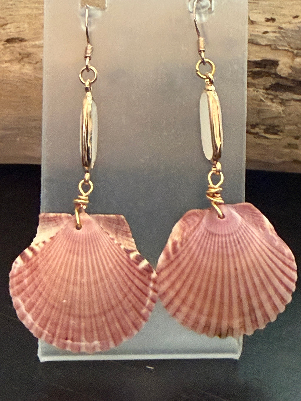 Rose Fan – Deep Rose Scallop Shell & Gold Tube Bead Earrings on Gold Ear Wires