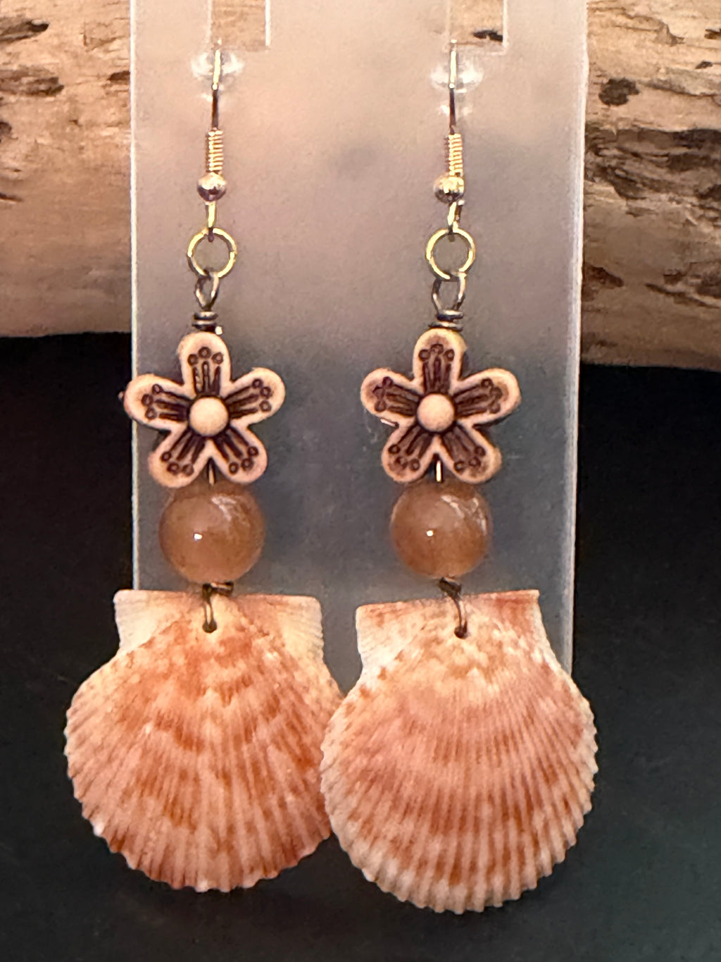 Shore Blossom – Scallop Shell & Wood Flower Bead Earrings on Silver Ear Wires